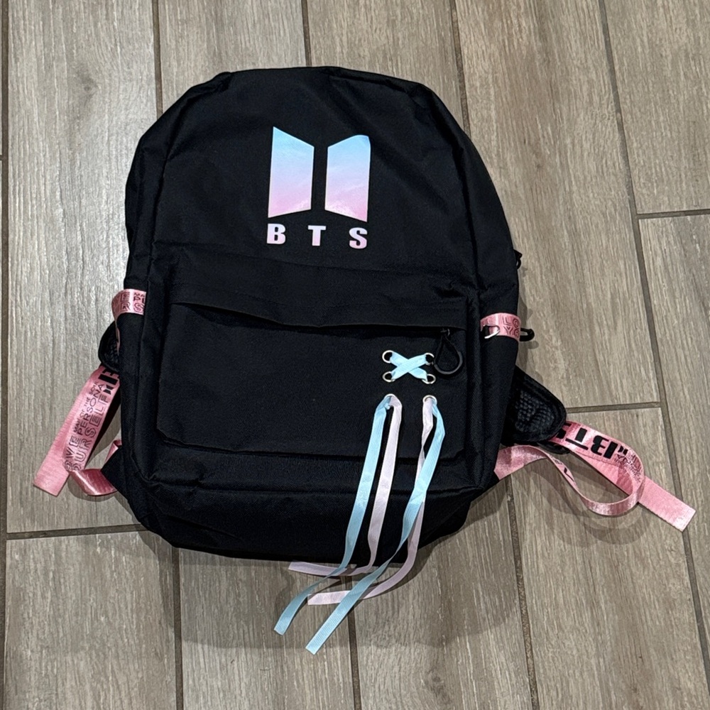 Black BTS Backpack with Pink and Blue Accents
